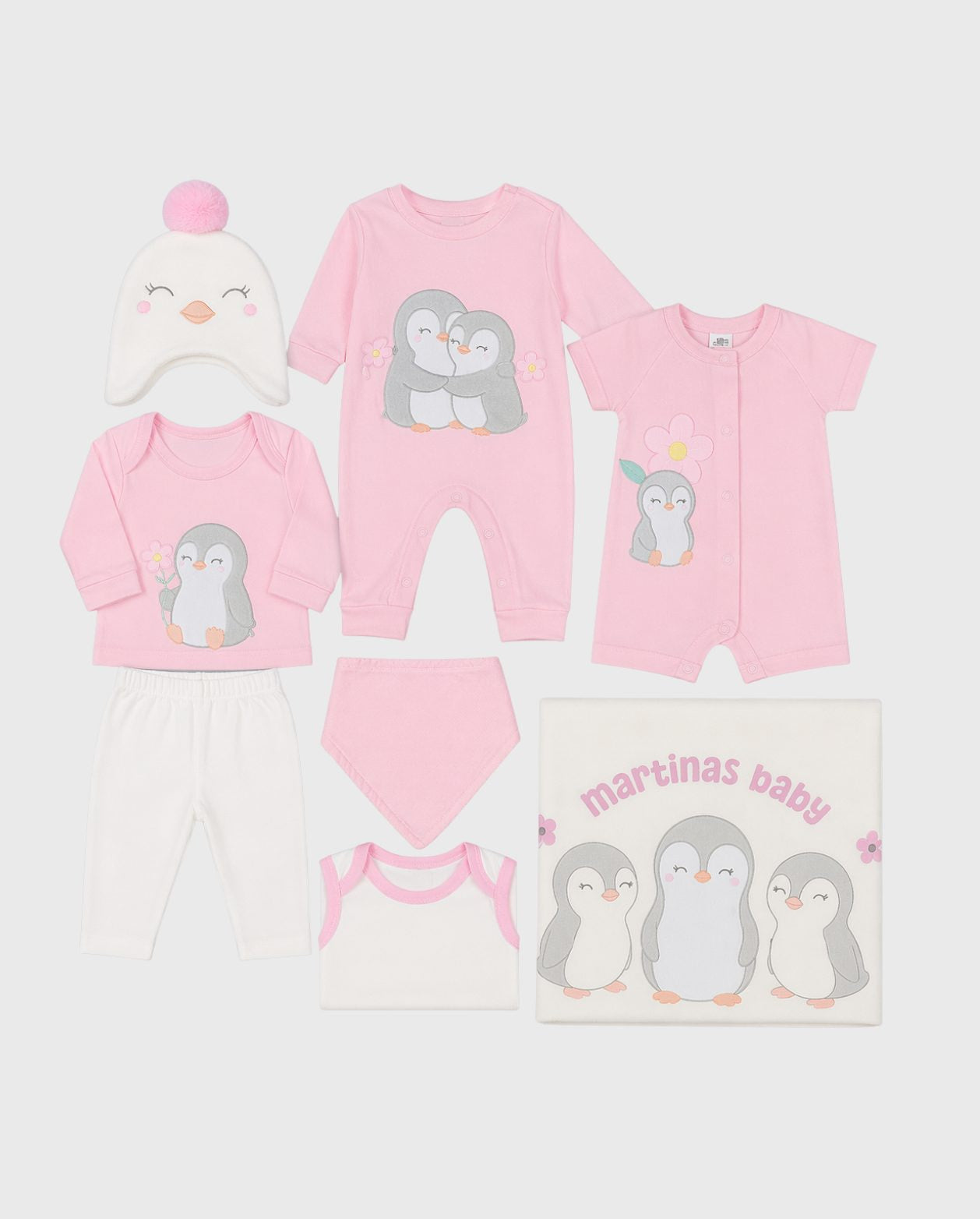 Primer Día Bordado Pingüino Flor Rosa