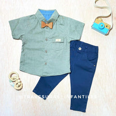 Conjunto Camisa Verde con Corbatín y Pantalón para Niño Azul
