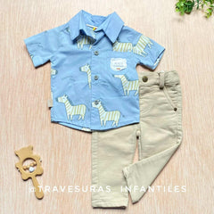 Conjunto Camisa Cebra con Pantalón Bordado azul