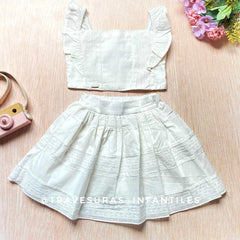 Conjunto Falda Ojalillo y Blusa para Niña Blanco