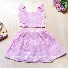 Conjunto Falda Ojalillo y Blusa para Niña Rosa