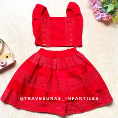 Conjunto Falda Ojalillo y Blusa para Niña Rojo