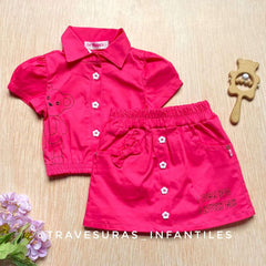 Conjunto Falda Short Osito con Camiseta Manga Corta Fucsia