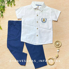 Conjunto Formal Osito con Camisa Bordada y Pantalón Azul