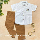 Conjunto Formal Osito con Camisa Bordada y Pantalón Café