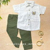 Conjunto Formal Osito con Camisa Bordada y Pantalón Oliva
