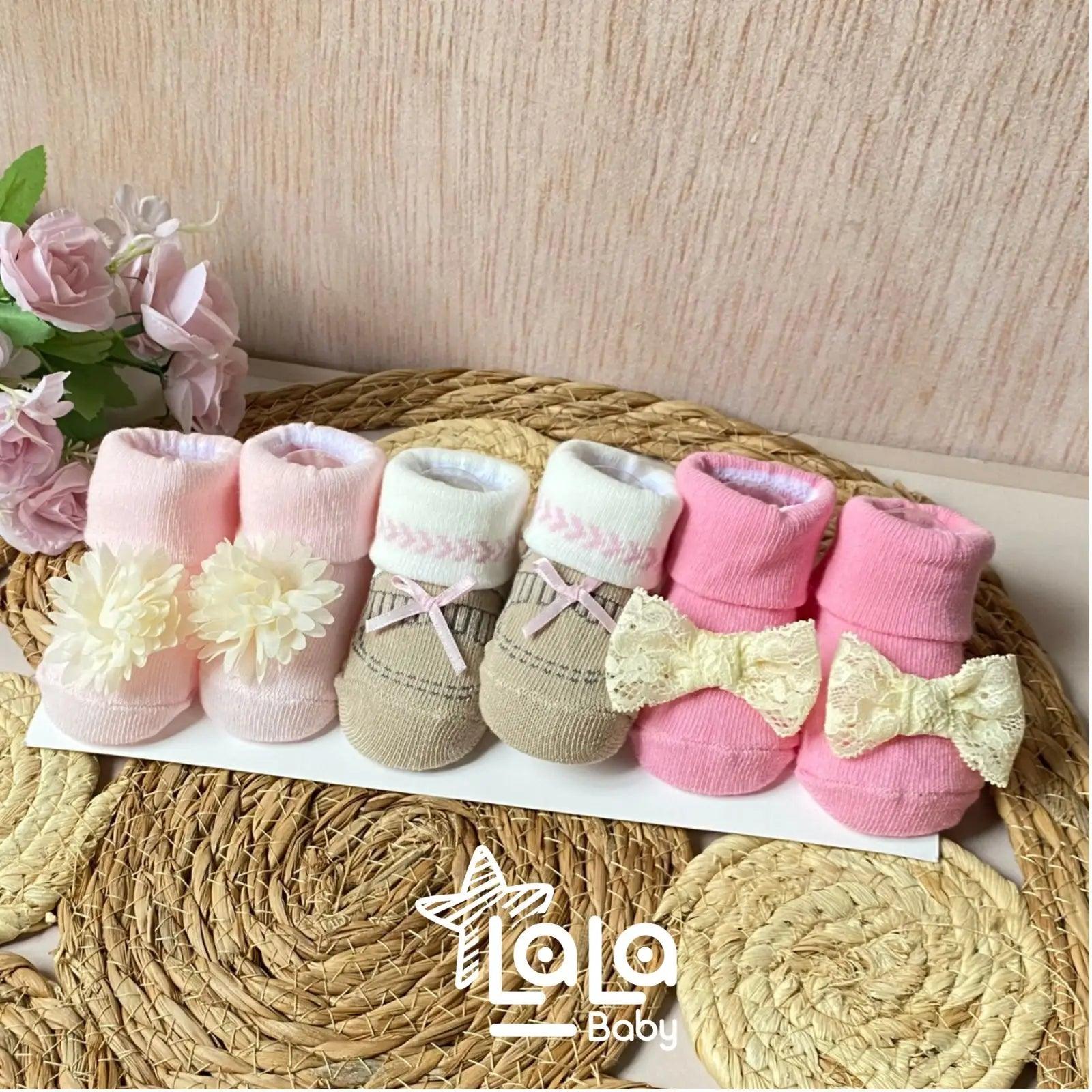 Set 3 Pares De Medias Doblez Estampado Con Moño Niña Rosa