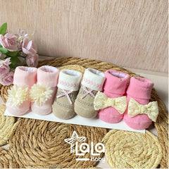 Set 3 Pares De Medias Doblez Estampado Con Moño Niña Rosa