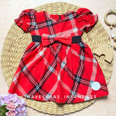 Vestido A Cuadros Manga Corta Rojo