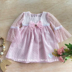 Vestido Manga Tul Puntos Rosa