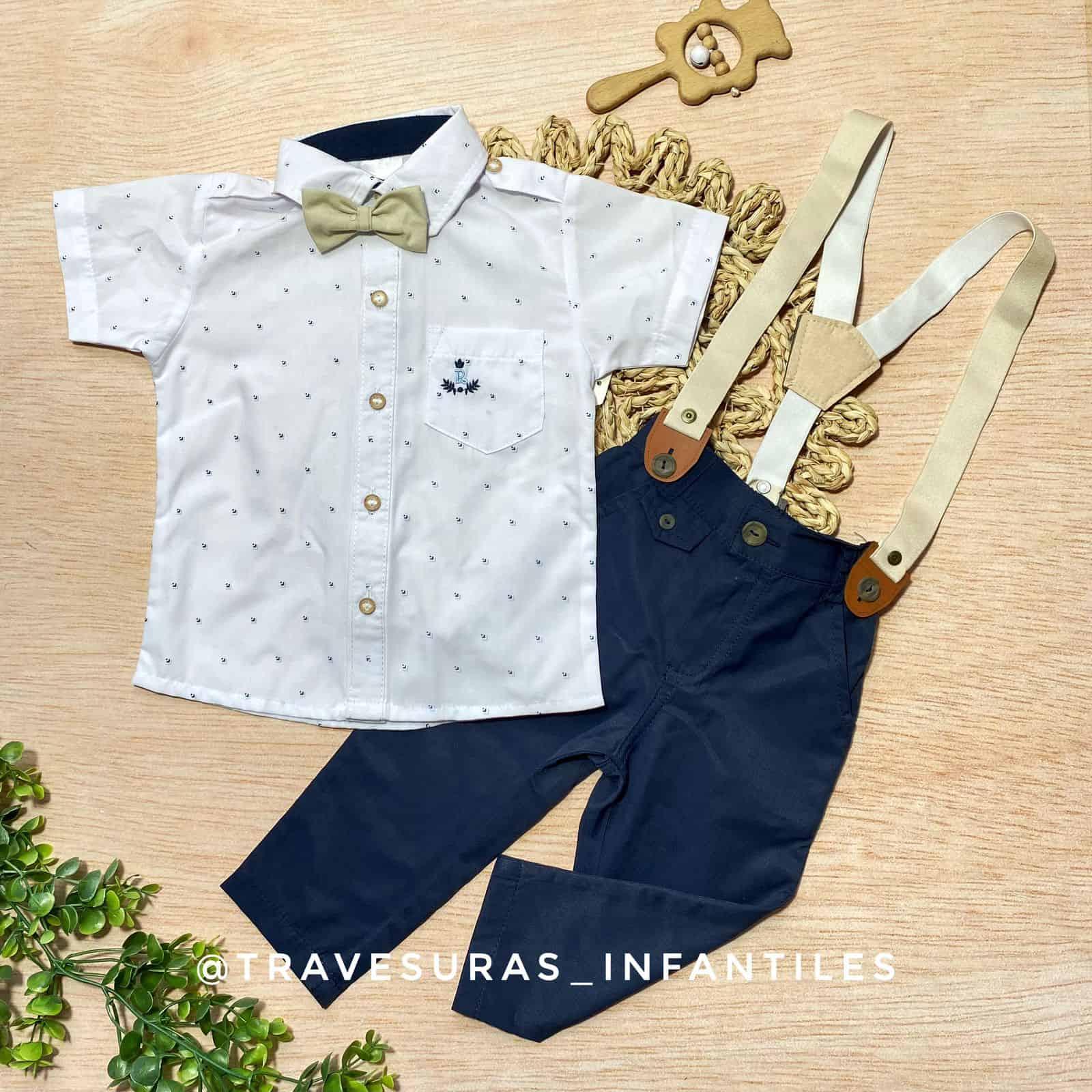 Conjunto 4 Piezas Elegante Niño Camisa con Tirantes, Corbatín y Pantalón