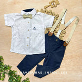 Conjunto 4 Piezas Elegante Niño Camisa con Tirantes, Corbatín y Pantalón