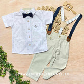 Conjunto 4 Piezas Elegante Niño Camisa con Tirantes, Corbatín y Pantalón Blanco
