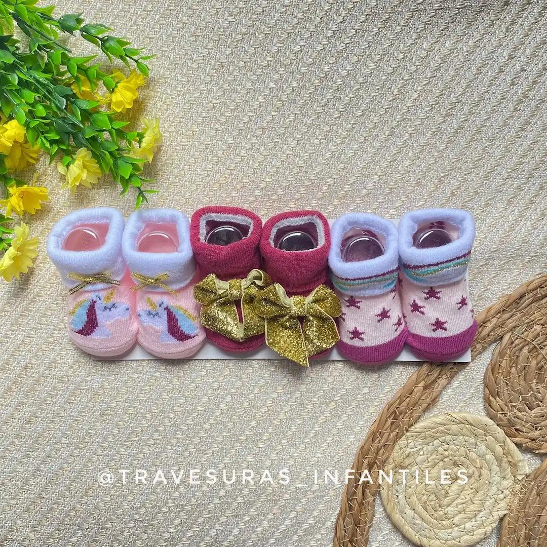 Set 3 Pares De Medias Doblez Estampado Con Moño Niña Unicornio