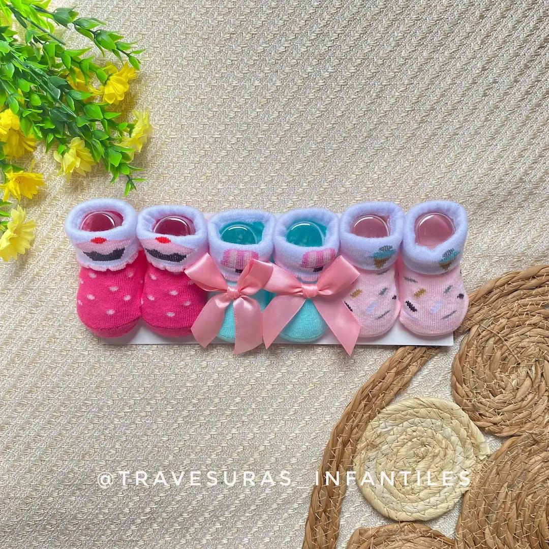 Set 3 Pares De Medias Doblez Estampado Con Moño Niña Cupcake