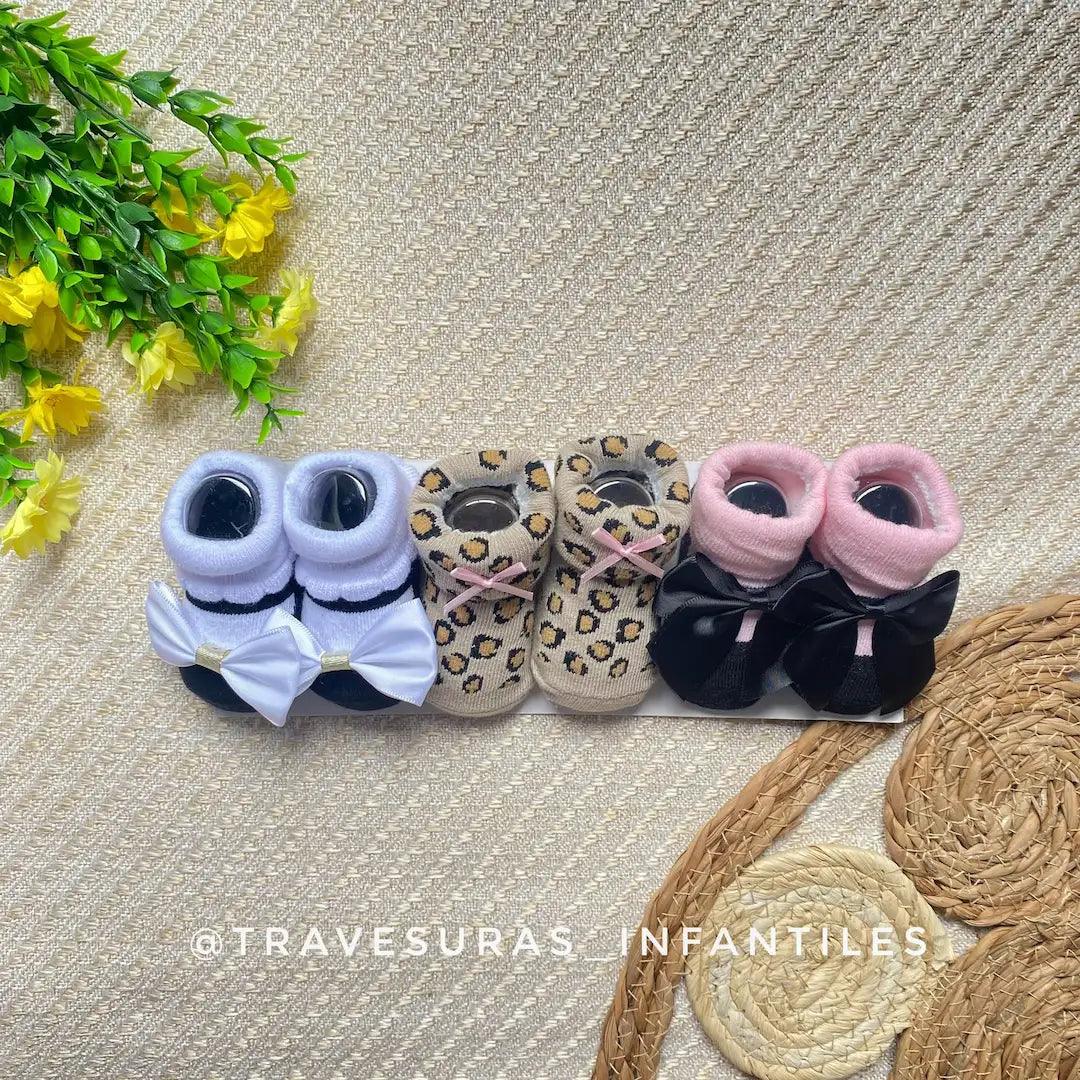 Set 3 Pares De Medias Doblez Estampado Con Moño Niña Animal Print