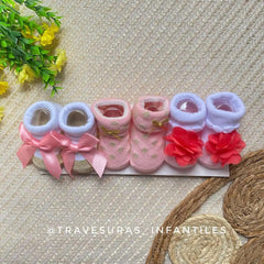 Set 3 Pares De Medias Doblez Estampado Con Moño Niña Flor