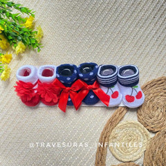 Set 3 Pares De Medias Doblez Estampado Con Moño Niña Cereza