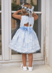 Vestido Bordado Con Cinturón Azul