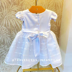 Vestido Tul Rayas Plata Con Perlas Blanco