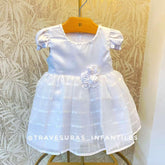 Vestido Tul Rayas Plata Con Perlas Blanco