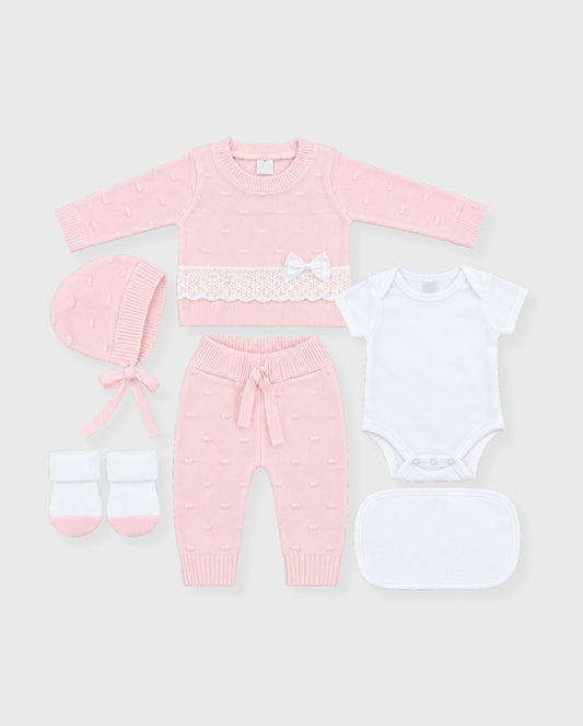 Set Primer Día Tejido Puntos Bebé Niña Rosa