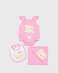 Set Primer Día Bordado Oso Rosa detalle