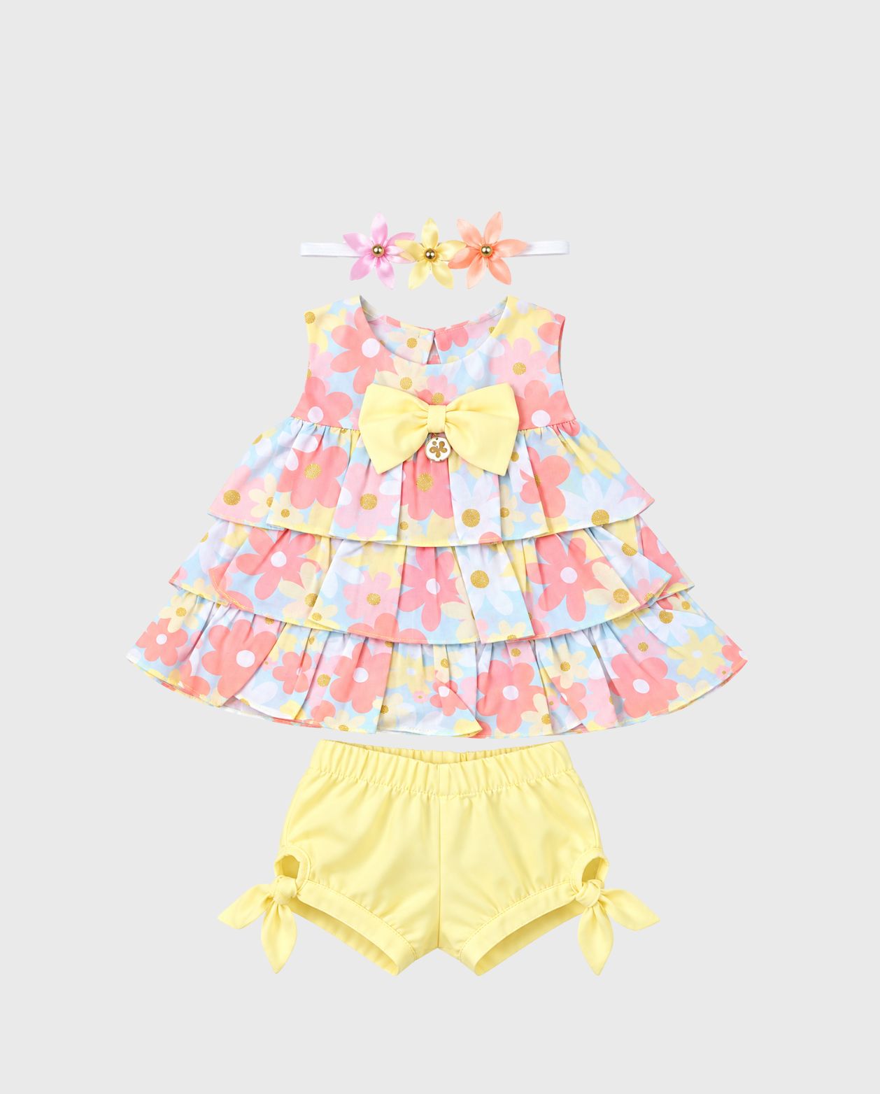 Conjunto Short con Balaca Estampado Flores Amarillo