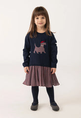 Vestido Boboli niña navy con aplique de perro y falda de cuadros