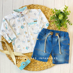 Conjunto Niño Safari Con Camisa Estampada Y Bermuda de Jean