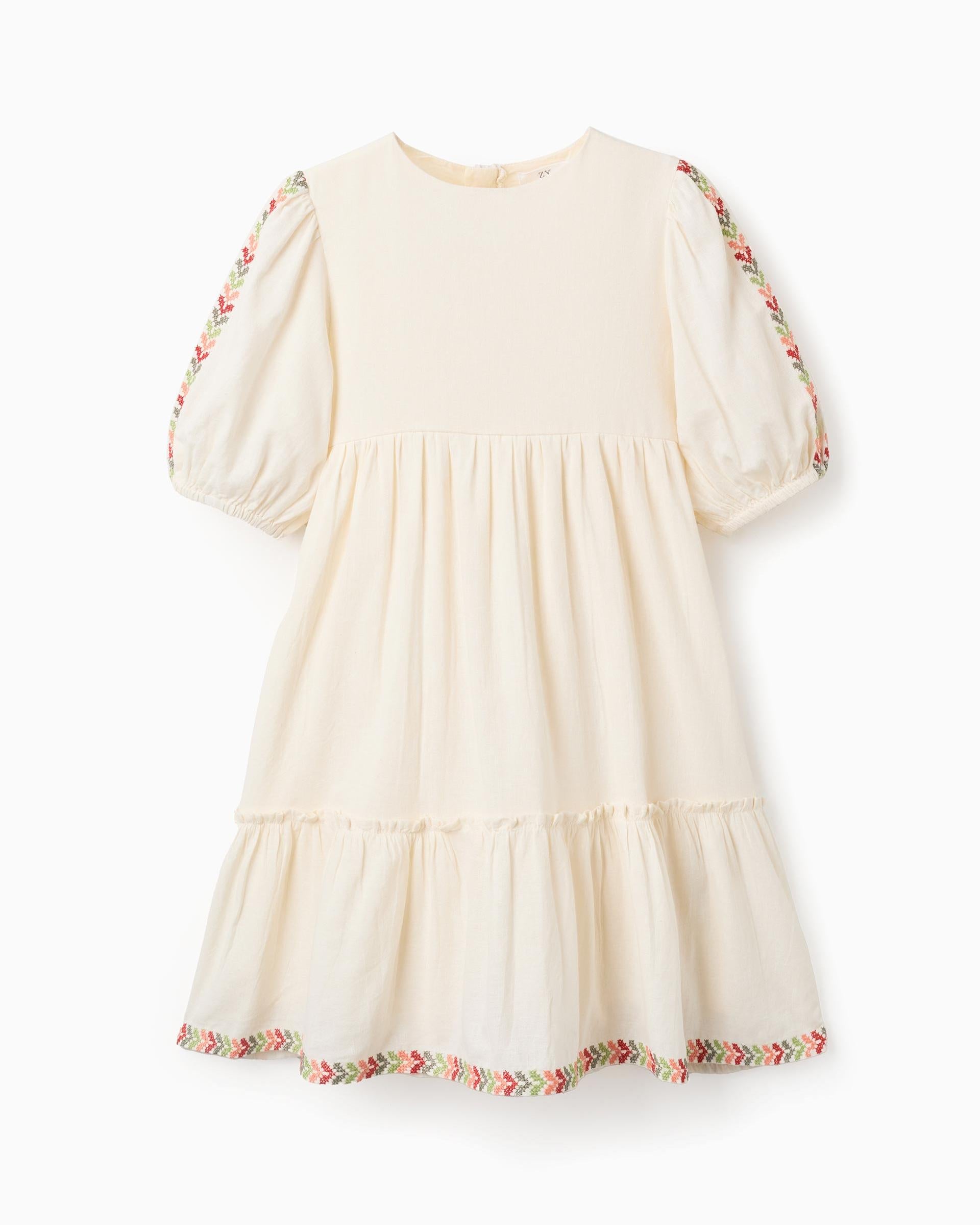 Vestido Mangas Detalle Bordado Beige Zippy estilo