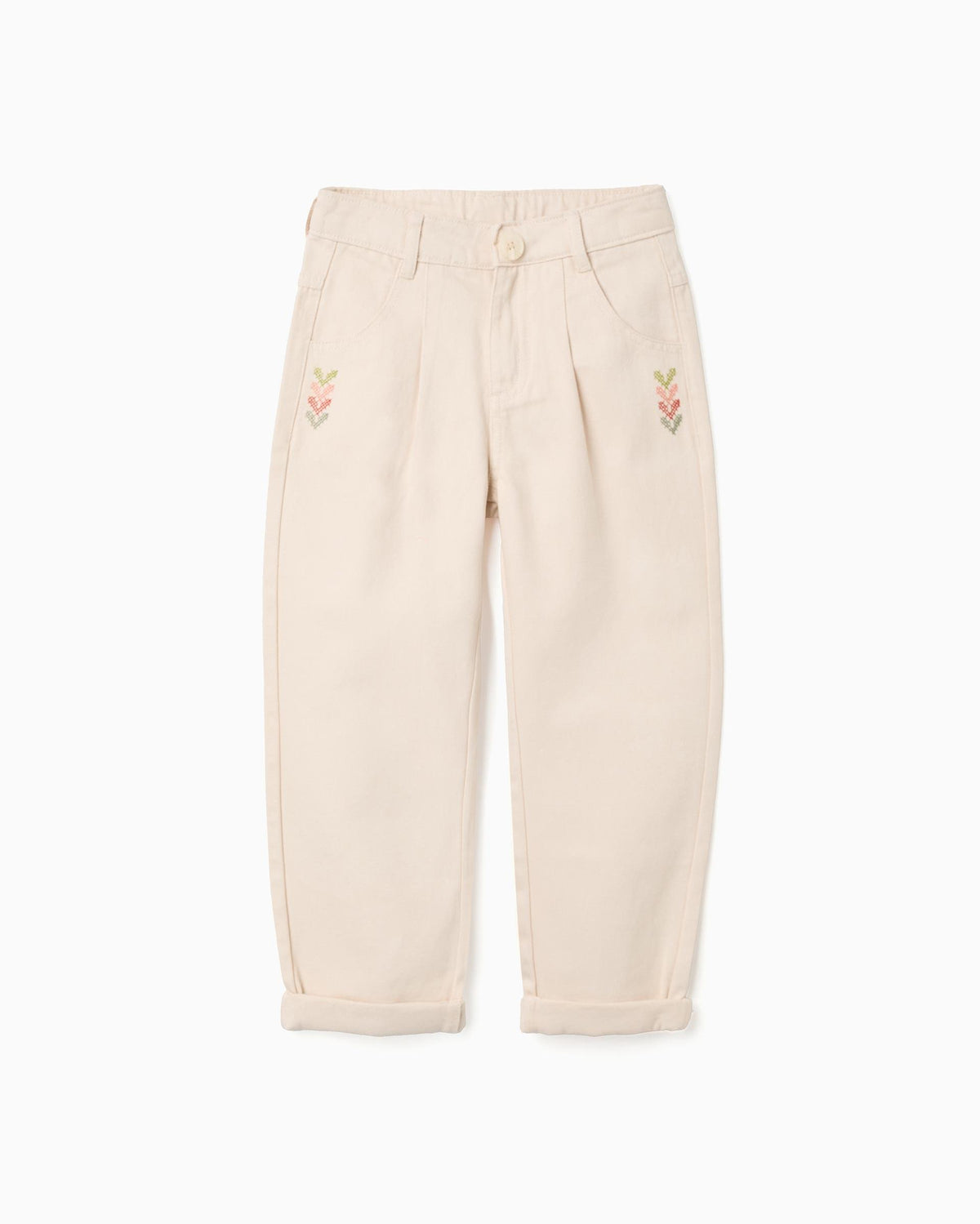 Pantalón Sarga Detalle Bordado Beige Zippy