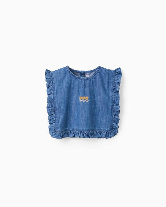 Blusa Volantes Flores Denim Zippy