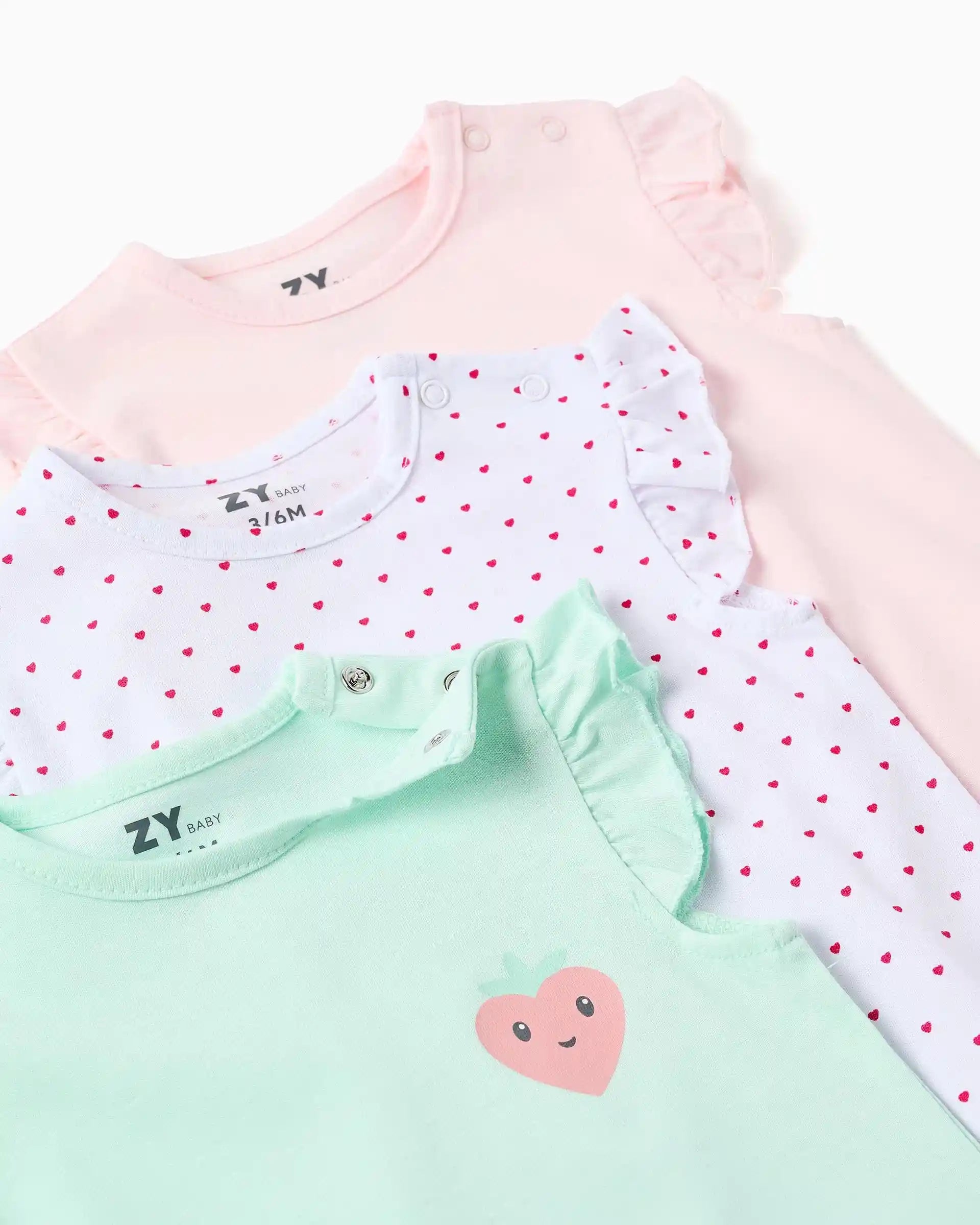 Set 3 Peleles Fresas Corazones Verde Rosa Zippy detalle