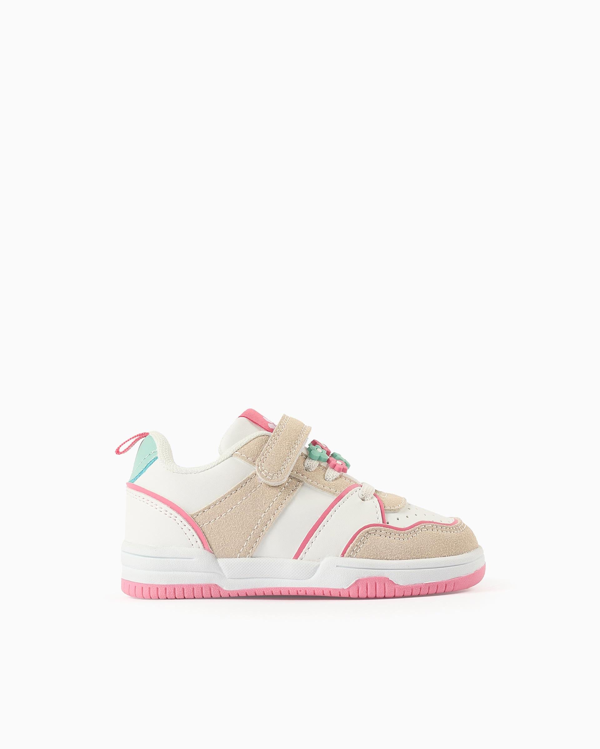 Tenis con Velcro Cordones Flores Blanco Rosa Zippy perfil 