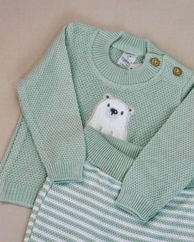 Set Primer Día Oso Tejido Verde Textura 