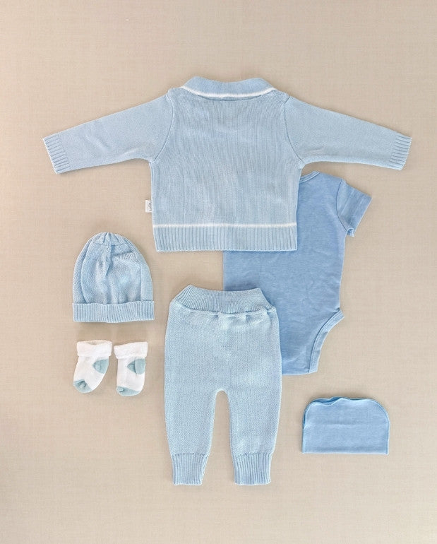Set Primer Día Tejido Detalle Cuello Azul Bebe
