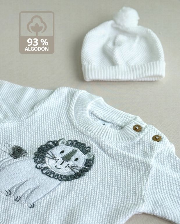 Set Primer Día Bordado León Blanco Algodón 