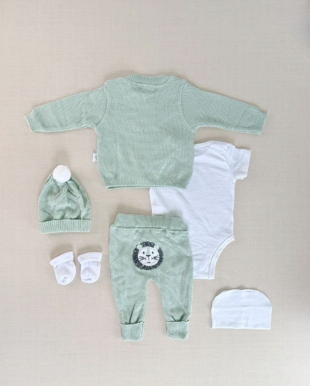 Set Primer Día Bordado León Verde Algodón 