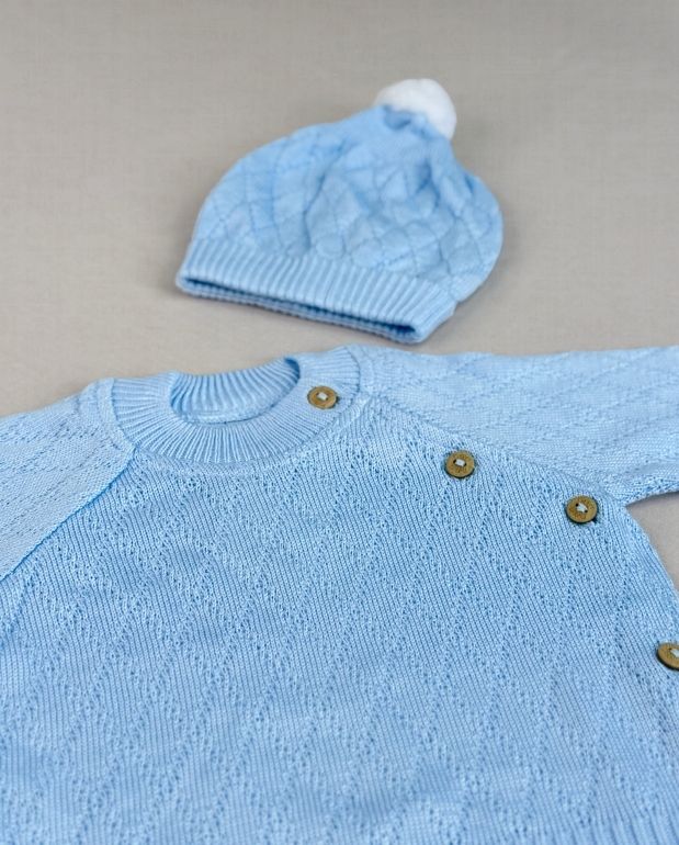 Set Primer Día Tejido Rombos Azul Detalle Boton