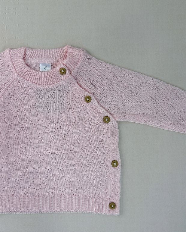 Set Primer Día Tejido Rombos Rosa Detalle Botones