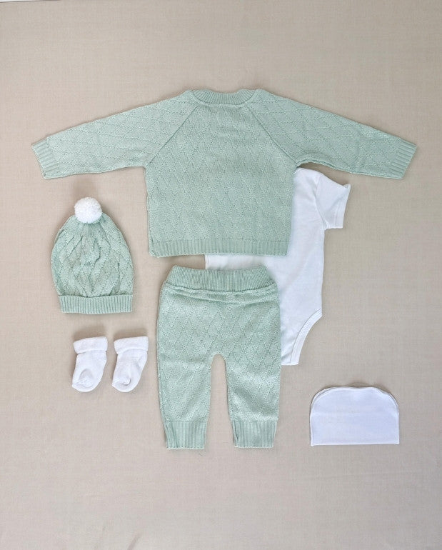 Set Primer Día Tejido Rombos Verde Bebe