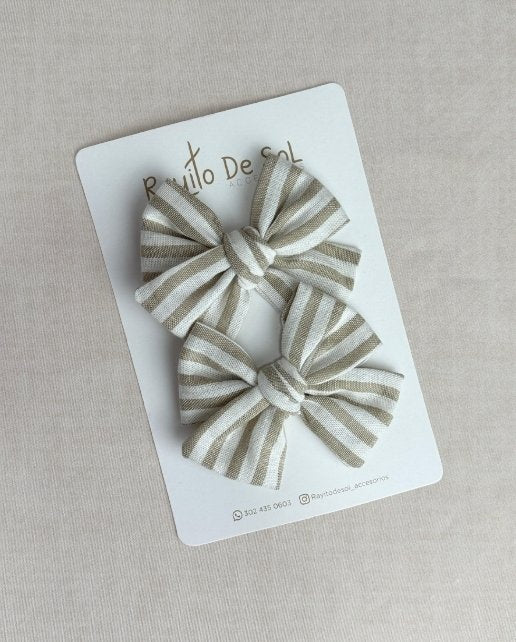 Set 2 Pinzas Moño Beige Lineas Rayito de Sol Moda