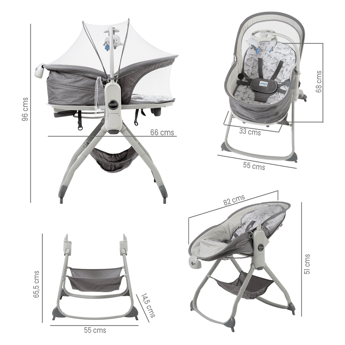 Cuna Colecho Mecedora Multinacional 6 en 1 Gris Priori