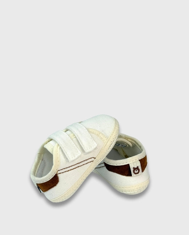 Tenis Sin Suela Velcro Blanco Detalle Café Melosos Niño