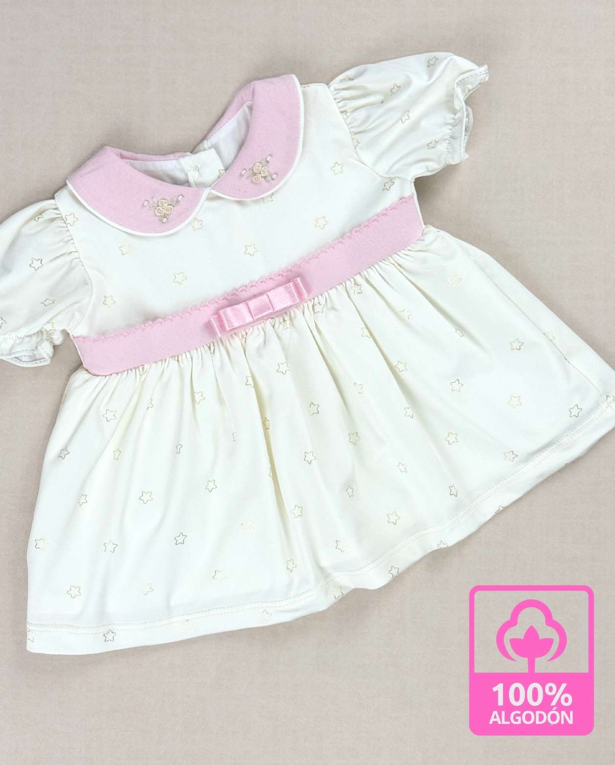 Set Primer Dia Bordado Corazón Estrellas Rosa Algodón 