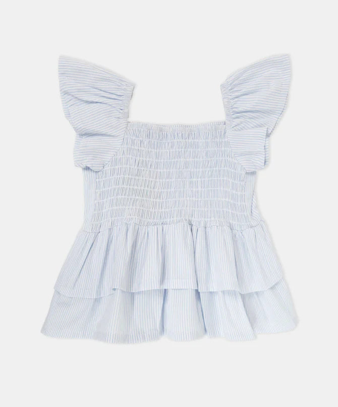 Blusa niña rayas azul con volantes frontales y traseros
