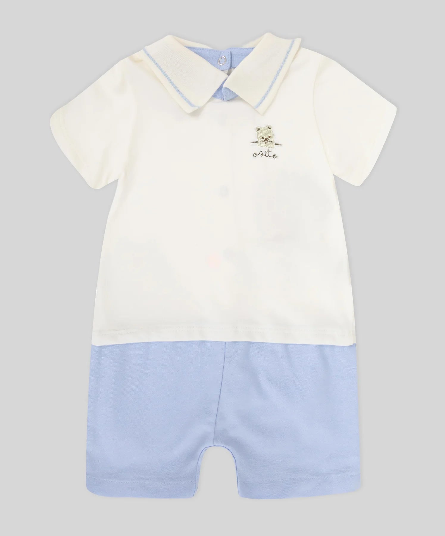 Mameluco azul y marfil con bordado de osito para bebé