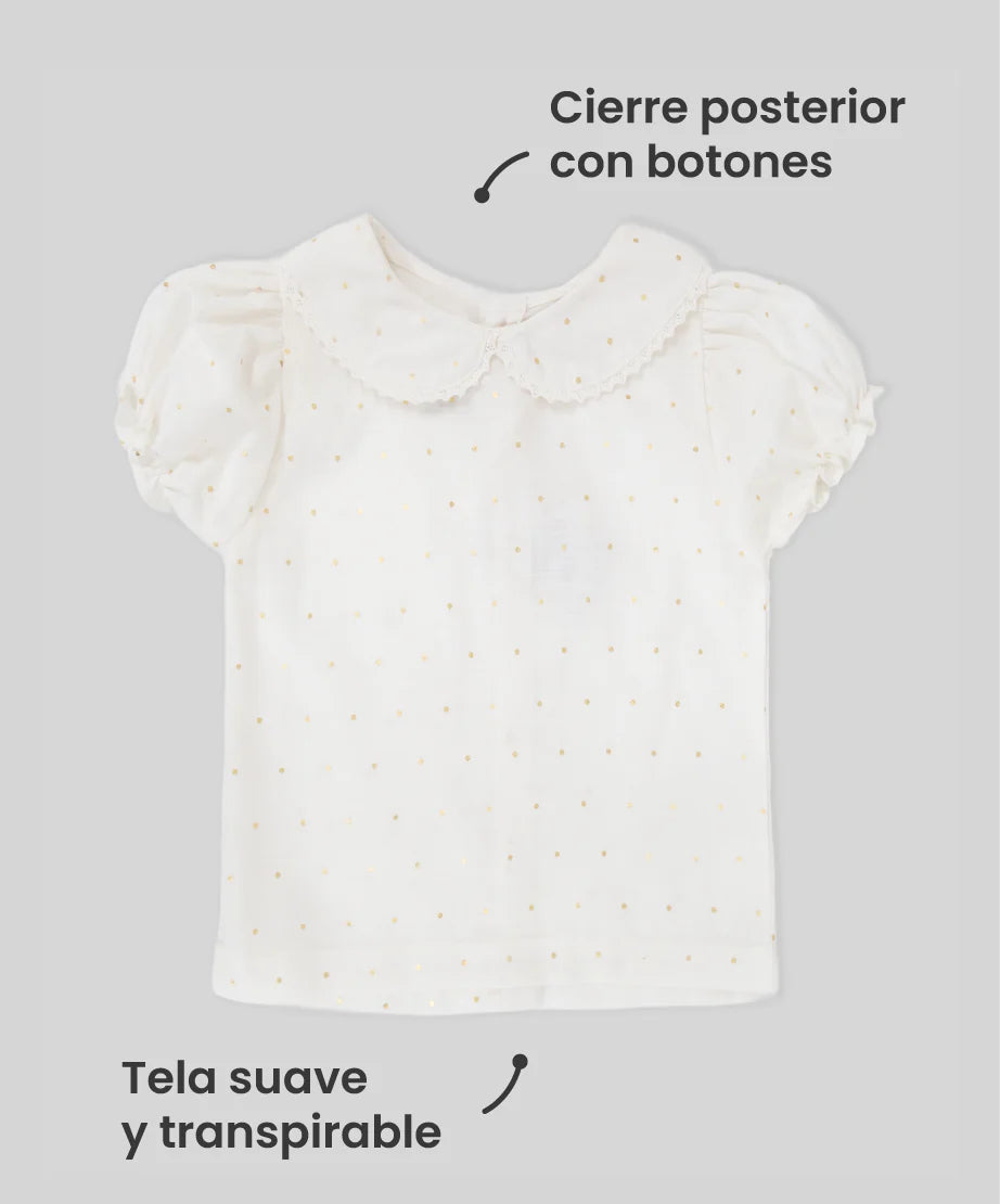 Blusa infantil 2T a 5T blanca con detalles dorados