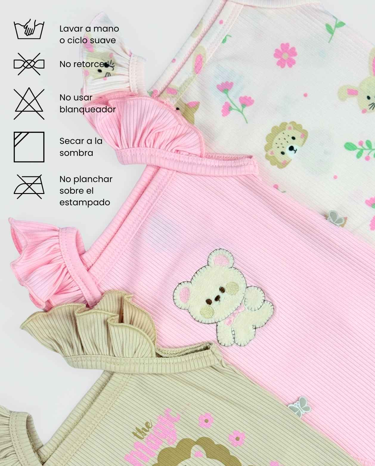 Set 3 Bodys Detalle Oso Bebé Niña Cuidados